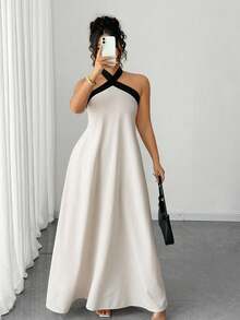 Elenzga Plus Size Elegant Sexy Backless Halter Colorblock Dress, Summer - Beige - View 8