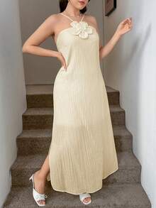 SHEIN LUNE Đầm cổ yếm họa tiết hoa 3D cỡ lớn dành cho kỳ nghỉ hè - Màu be - Xem 7