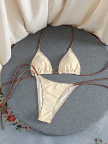 Swim Vcay 女士泳装度假套装，米色撞色咖啡色贝壳边饰，三角杯领设计，侧系带泳裤，适合海滩或度假穿着。 - 彩色 - 查看 1