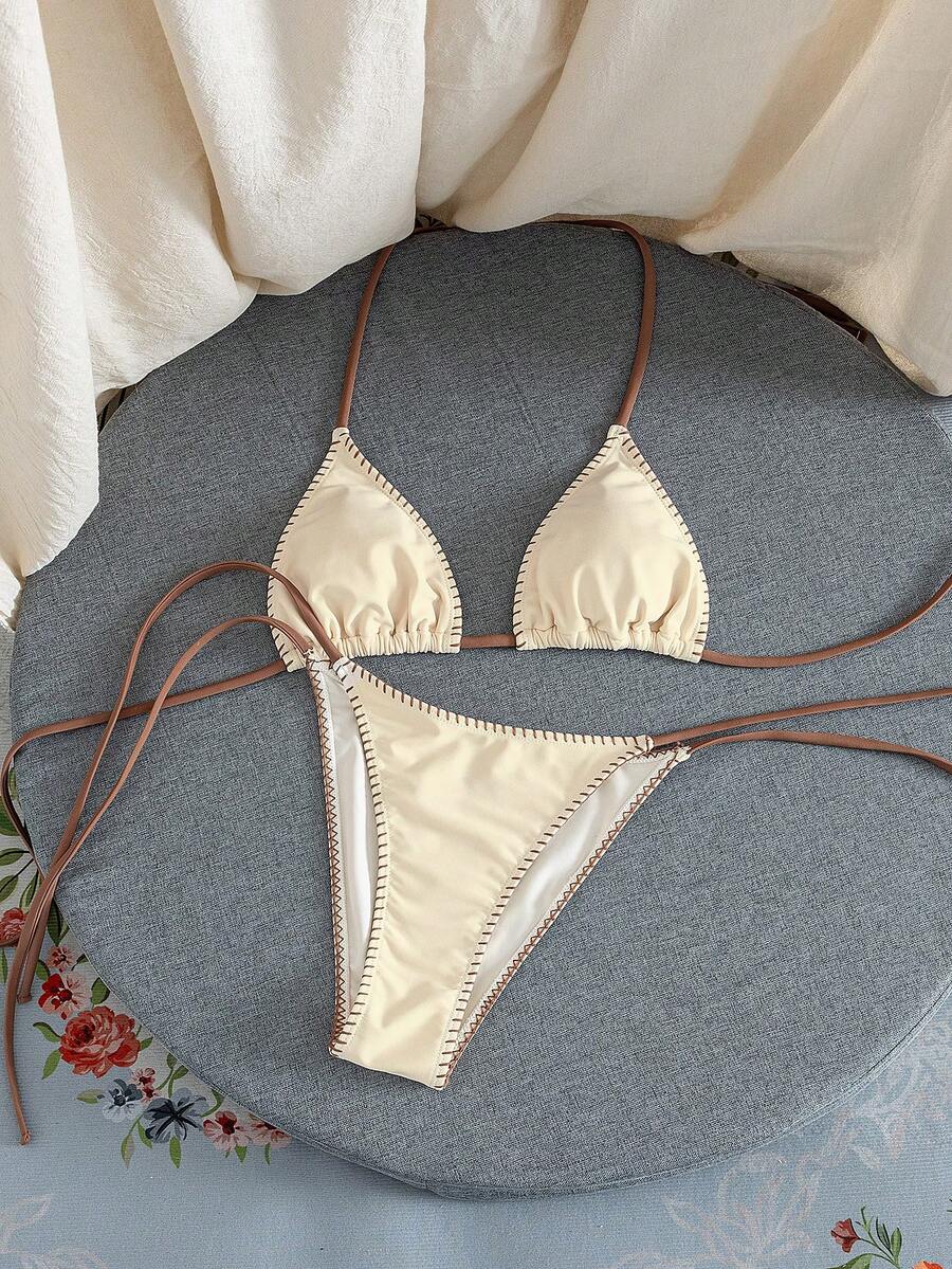 Swim Vcay 女士泳装度假套装，米色撞色咖啡色贝壳边饰，三角杯领设计，侧系带泳裤，适合海滩或度假穿着。 - 彩色 - 查看 1