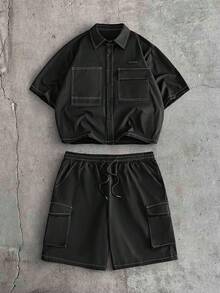 AXEPEAK Set casual estivo da uomo, composto da camicia larga con cuciture a contrasto e tasche toppe, e pantaloncini con vita con coulisse - nero - Visualizzare 2