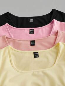 SHEIN EZwear Bộ 4 áo thun nữ tay ngắn cổ tròn màu trơn, kiểu dáng tối giản, thoải mái, thích hợp cho mùa xuân/hè. - Nhiều màu - Xem 12
