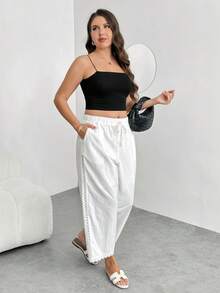 Enliva Plus-Size Women's Cotton Cropped Trousers,White,Autumn,Basic,Boho,Vacation,Holiday Lace Trim Pocket Stretch Waist Pants For Apple Rounded - White - View 8