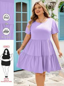 SHEIN CURVE+ 大码休闲纯色短袖连衣裙，夏季 - 紫色 - 查看 1