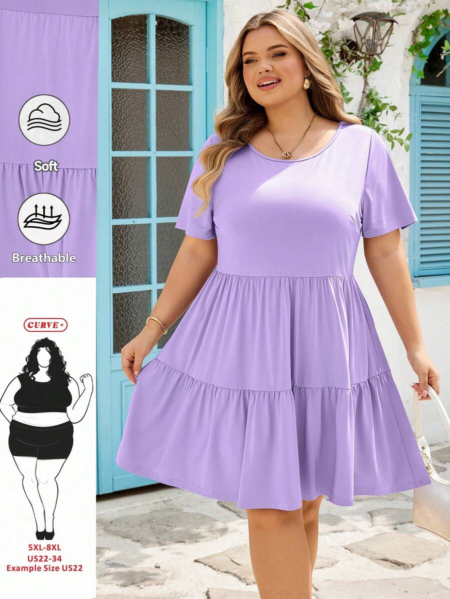 SHEIN CURVE+ 大码休闲纯色短袖连衣裙，夏季 - 紫色 - 查看 1