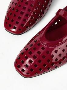 MOTF PREMIUM WOMEN SHOES POPULAR FRENCH NEW FASHION RETRO RED PU LEATHER HOLLOW GRID TEMPERAMENT SQUARE TOE FLAT SOLE SHOES, COMFORTABLE AND VERSATILE WITH SIMPLE ELEGANCE NOT TIRED FEET BREATHABLE HOLE SANDALS - Bordeaux - View 5