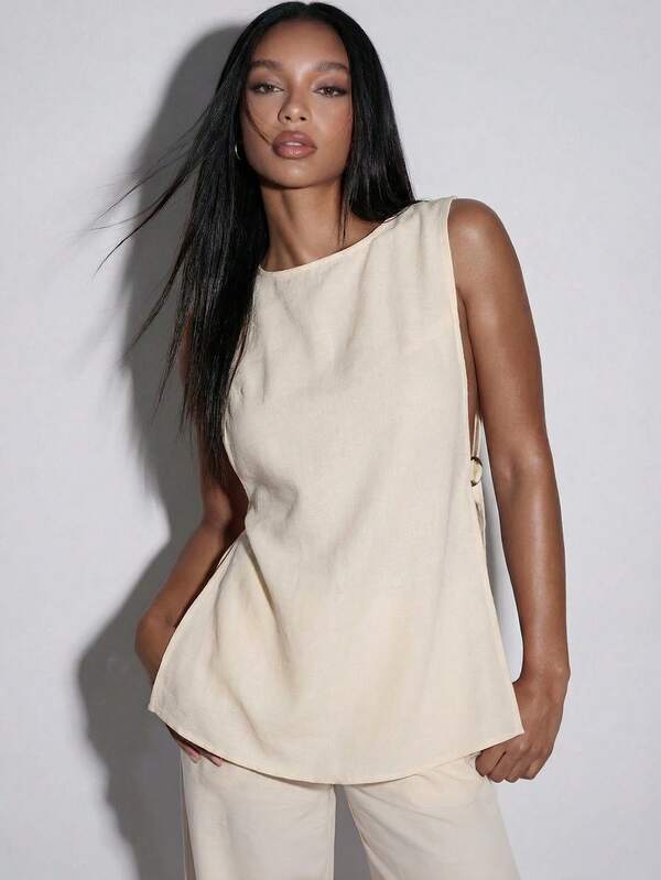 Normani Women's Round Neck Linen Tank Top,Cream,Summer,Effortless Chic,Vacation,Holiday,Old Money Solid Casual Vest Tops,Daily Wear Officeelegance Blouses