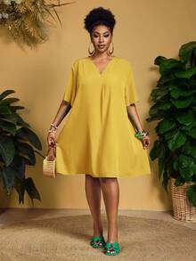 Slaydiva Nuevo vestido casual/de negocios casual elegante de Pascua/Occidental para mujer con mangas cortas, cuello en V de gasa, mangas sueltas con volantes - Amarillo - Ver 7