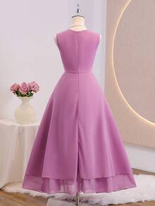 Teen Girl Solid Color Round Neck Twist Waist Design Sleeveless Dress - Purple - View 8