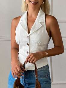 DAZY Top sin espalda ajustado de unicolor de verano casual para mujer - Blanco - Ver 4