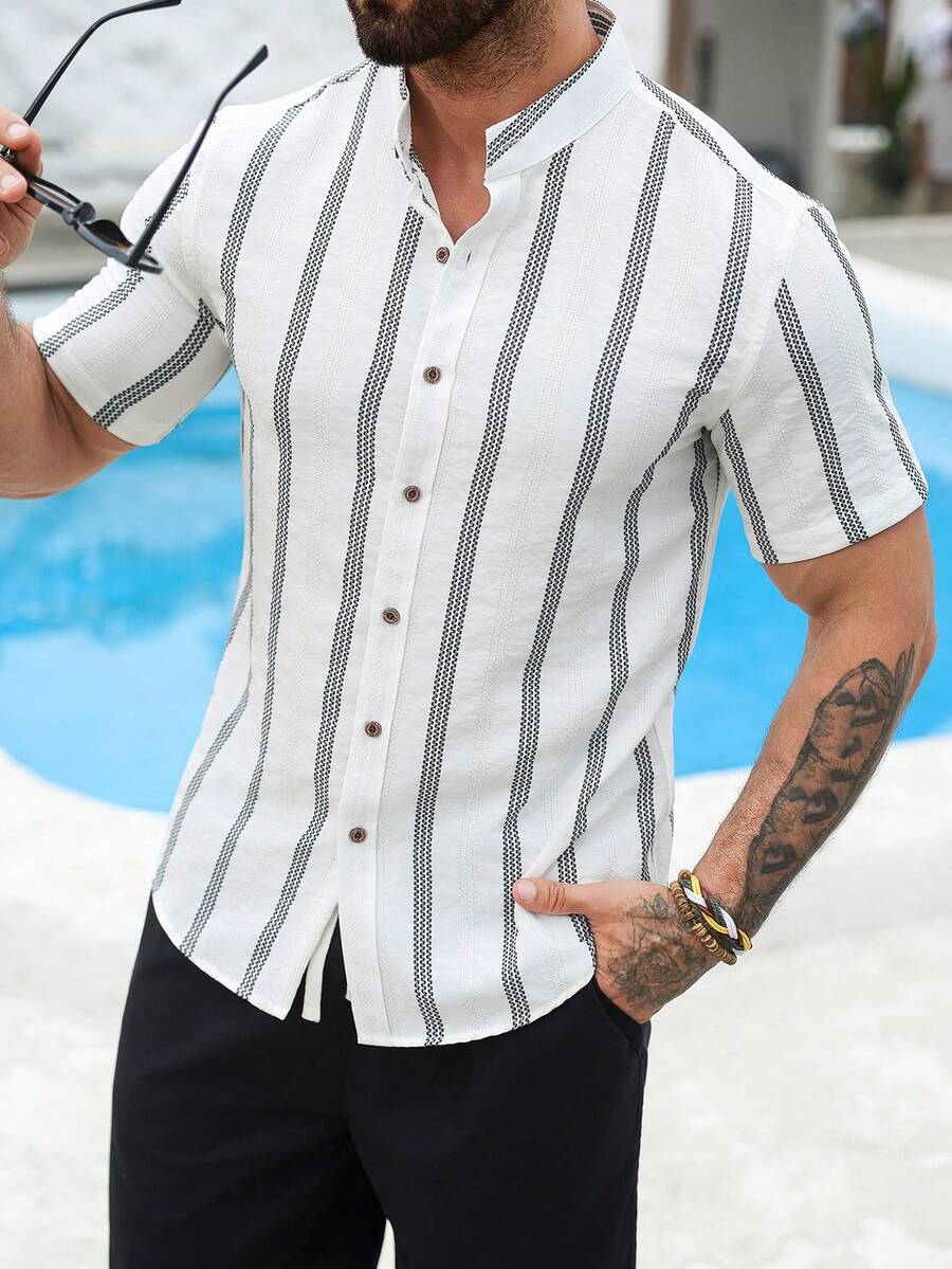 VENTUSAIL 男士短袖条纹休闲度假衬衫 - 白色 - 查看 1
