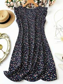 Rusticease Plus Size Women's Ditsy Floral Cap Sleeve Vacation Dress - Navy Blue - View 5