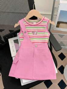 SHEIN Cute Summer Pink Striped Baby Girl Set,Knitted Butterfly Top & Suspender Skirt,Casual Baby Overalls For Vacation Outings - Hot Pink - View 1