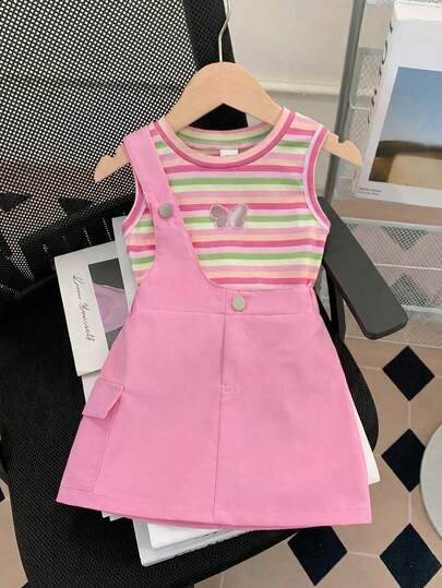 SHEIN 女婴可爱夏季休闲针织彩色条纹上衣和粉色裙子套装