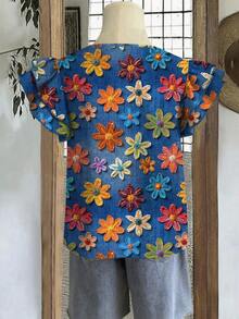EMERY ROSE Plus Size Women Floral Print Round Neck Casual Versatile Daily Wear Shirt - Multicolor - View 4