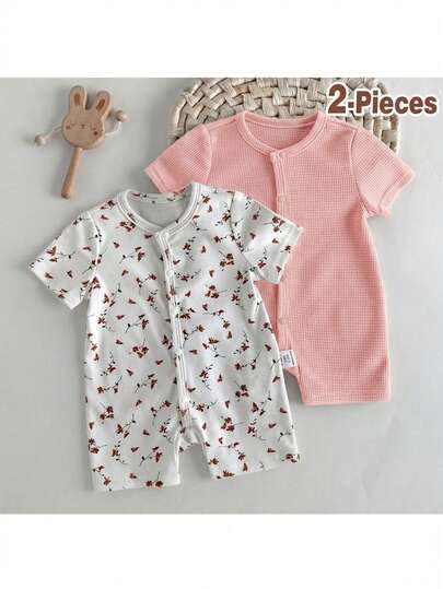 Loomiva Newborn Baby Girl Floral Print Knit Soft Round Neck Short Sleeve Romper & Shorts 2-Piece Set