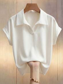 SHEIN Franclia Women's 100 Cotton Loose-Fitting Casual White Shirt, Summer Elegant Office Work Blouse With Scarf Collar, Short Sleeve Fashionable Commuting Top - White - View 8