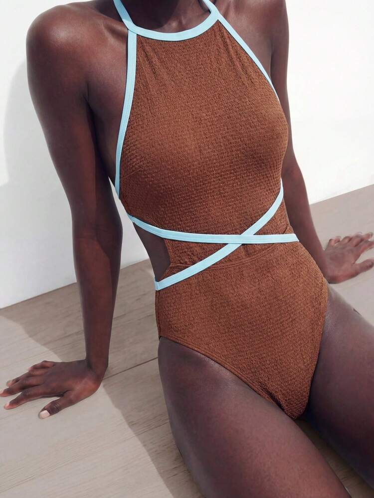 SHEIN Maija Women's Contrast Trim Backless Halter One-Piece Swimsuit One Piece Swimsuit For Women Beach Outfit For Women Swimwear Women's Swimsuits Women's Bathing Suit Full Coverage One Piece Swimsuit Women
