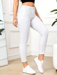 SHEIN PETITE 女款口袋修身休閒百搭牛仔褲，適合嬌小女性 - 白色 - 查看 6