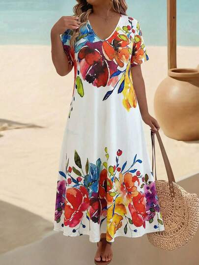 EMERY ROSE Đầm maxi dáng rộng, cổ chữ V, tay ngắn, in hoa, cỡ lớn, thanh lịch, thích hợp cho lễ Tạ ơn.