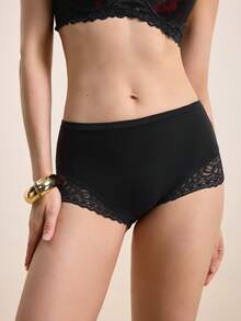 對比花邊平角褲式女性內衣 - 黑色 - 查看 4
