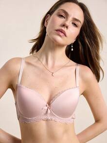 Hourtrue 2pcs Lace Patchwork Women Bra Set With Underwire - Dusty Pink - View 8