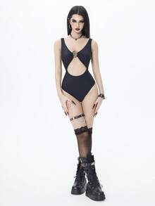 Goth 女士纯色镂空设计深色连体泳衣 - 黑色 - 查看 4