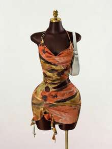 SaltGleam SaltGleam Women's Halter Tie-Up Color Block Ruched Hollow-Out Elegant Sexy Waist Gathering Party Club Dress Mustard Yellow Summer - Multicolor - View 1
