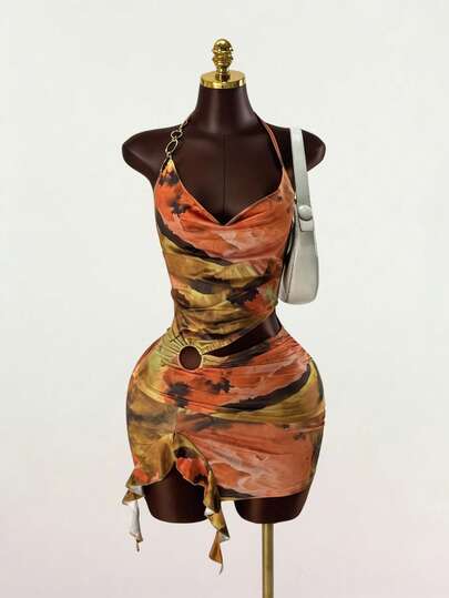 SaltGleam SaltGleam Đầm dự tiệc nữ cổ yếm buộc dây, phối màu, xếp ly, khoét eo, thanh lịch.