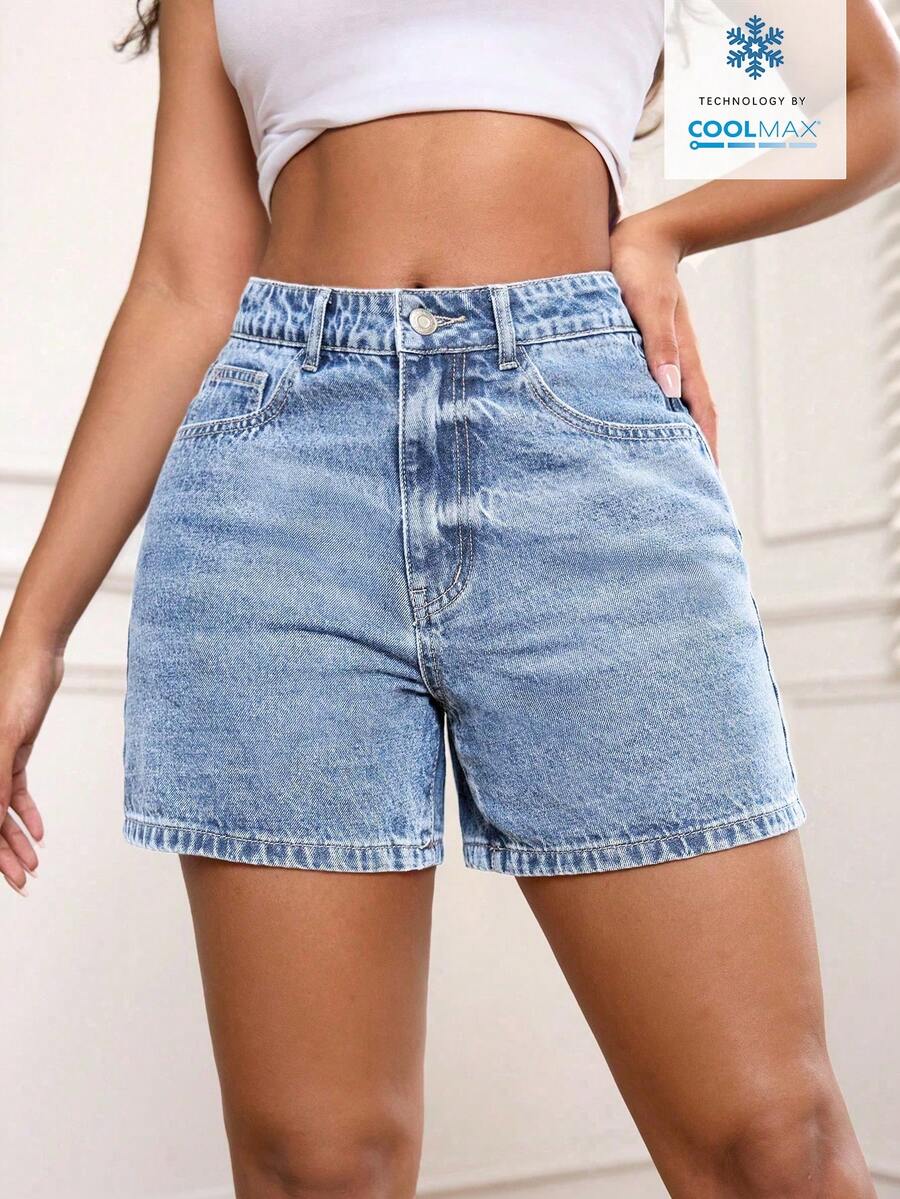 SHEIN PETITE 女款夏季休閒日常通勤簡約百搭牛仔短褲，適合嬌小女性 - 淺色水洗藍 - 查看 1