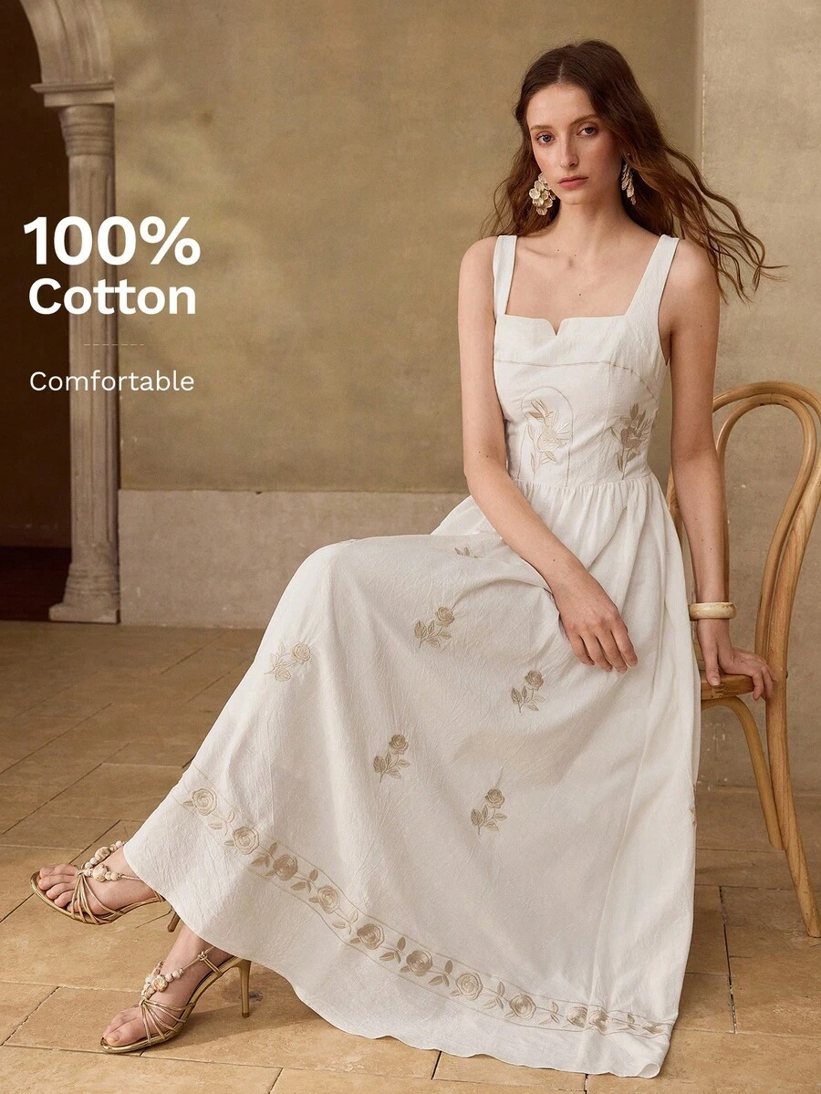 MOTF PREMIUM Đầm cổ vuông thêu hoa, đầm chữ A jacquard họa tiết đồng quê ngọt ngào dành cho nữ. - Màu be - Xem 1