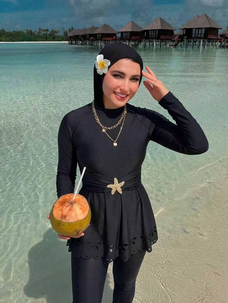 Swim Shayni Crew Neck Solid Color Hollow Starfish Decor 2 Pieces Set - Black - View 1