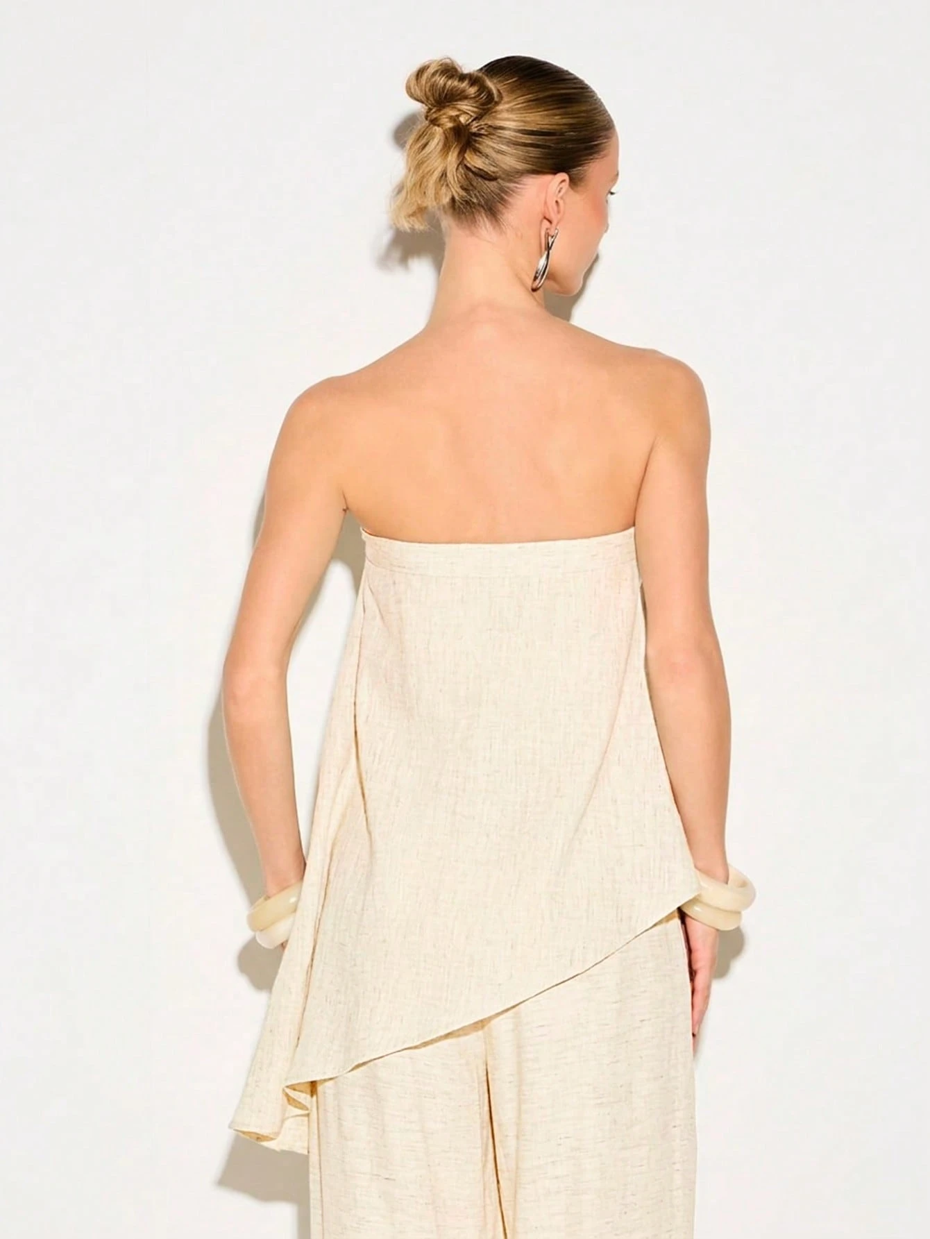 KIZN Strapless Linen Asymmetric Top With Ruffles