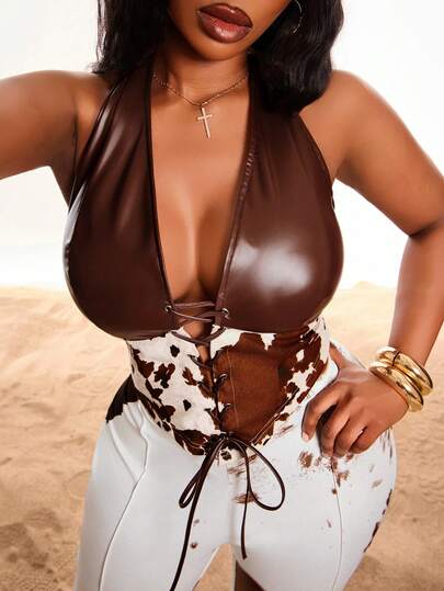SHEIN SXY Plus Size Sexy Cow Print Patchwork Brown PU Crossover Backless Camisole Top.Spring/Summer Casual Vacation Bohemian Elegant Suitable For Everyday Wear, Music Festival, Concert, Carnival Party, Beach Vacation, Date Night, Birthday, Bachelorette Party, Club, Cute, Casual, Shopping, Street Wear, Going Out, Easy To Match & Looks Slim, Accent Your Body, Flatter The Figure