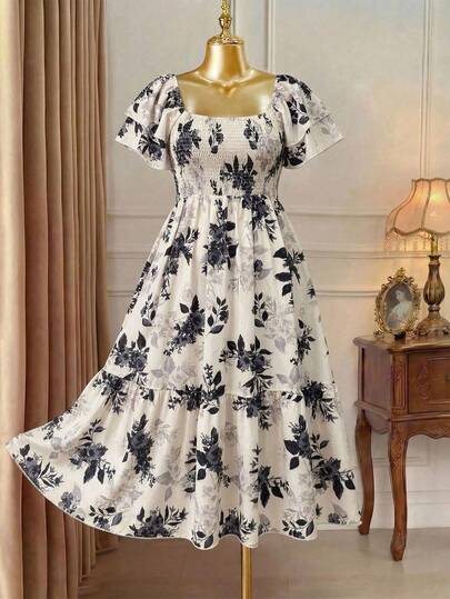 Rometta Plus Size Vacation/Leisure Ditsy Floral Print Dress With Cinched Waist Maxi Women Outfit