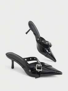 Sugerpunk 法式尖头浅口高跟包头凉鞋女士交叉绑带时尚单字扣凉鞋空心单鞋 - 黑色 - 查看 5