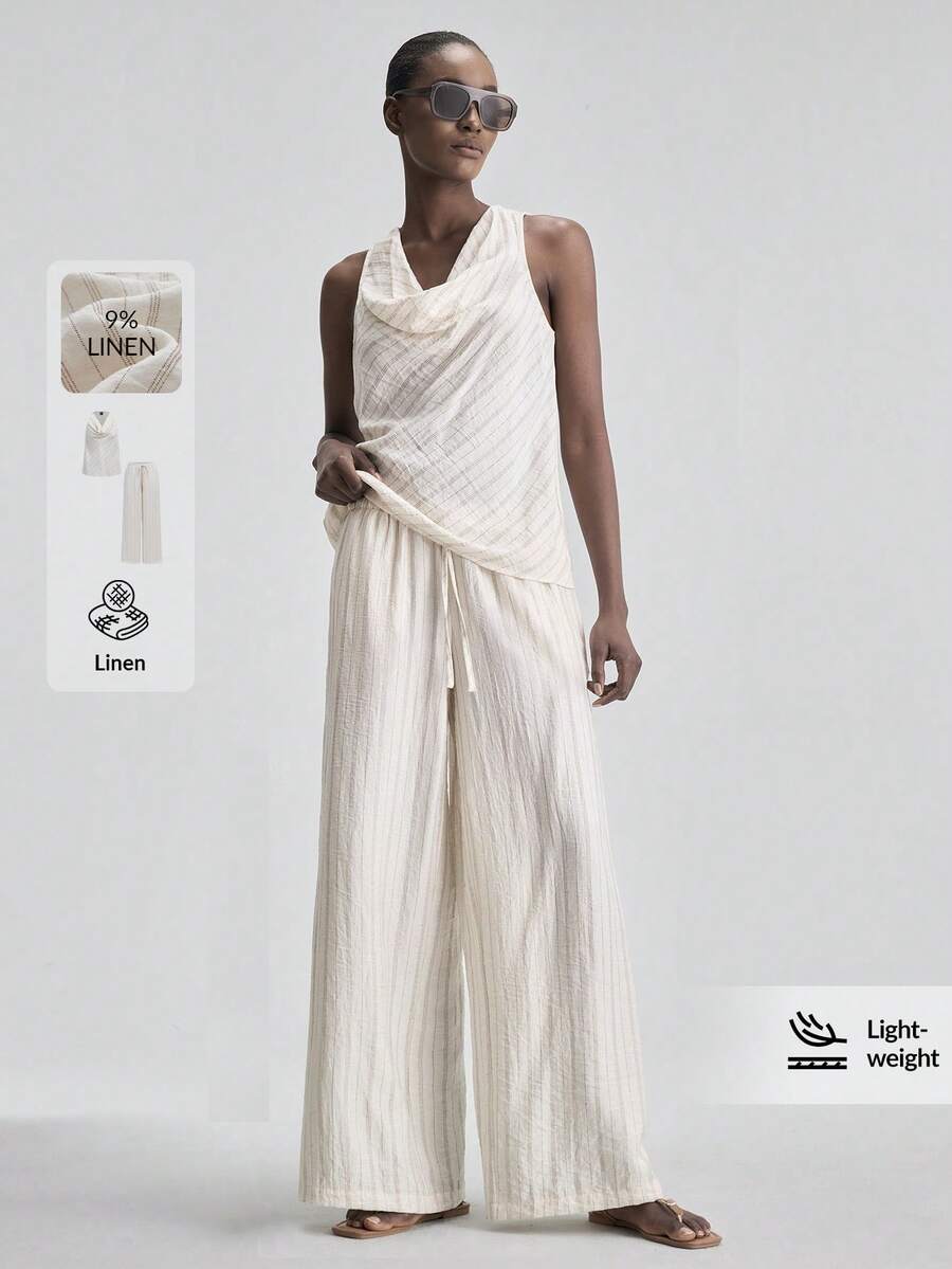 Ontre 2026春夏新款条纹两件套女装，无袖上衣搭配阔腿裤，宽松领口，度假风，杏色条纹两件套，A字无袖设计，简约优雅都市时尚，适合通勤、教师、夏季度假、海滩、婚礼宾客、派对、浪漫约会等场合，面料舒适，宽松版型，时尚畅销女装两件套 - 杏色 - 查看 1