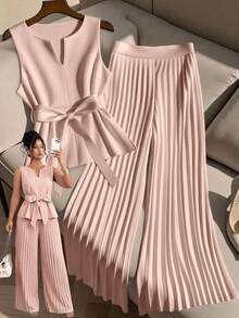 GlowEve CURVE 2 piezas Conjunto de top sin mangas y pantalones anchos de pierna ancha plisados informales para mujer de talla grande - Rosa vieja - Ver 1