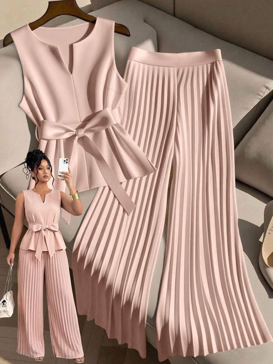 GlowEve CURVE 2 piezas Conjunto de top sin mangas y pantalones anchos de pierna ancha plisados informales para mujer de talla grande - Rosa vieja - Ver 1