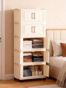 1 (45cm/17.7 Inches)-(60cm/23.6 Inches) Wide Folding Storage Cabinet, Clothing Cabinet Storage Box, Household Storage Storage Portable Wardrobe, Double-Door Folding Box, 1-5 Layers Optional, Thickened Double-Door Wheeled Storage Cabinet, Household Installation-Free Storage Rack, Clothes Toy Plastic Folding Storage Cabinet - Milky White - View 9