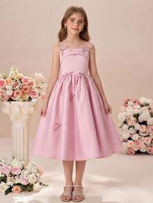 Pitira Zartrosa elegante Sommer-Hochzeitskleider, Teenager-Partykleidung Tee-Party Blumen-Midi-Kleid für Teenager, lässige Schleifen-Detail Tween-Mädchen Sommer-Outfits - Pink - Übersicht 3
