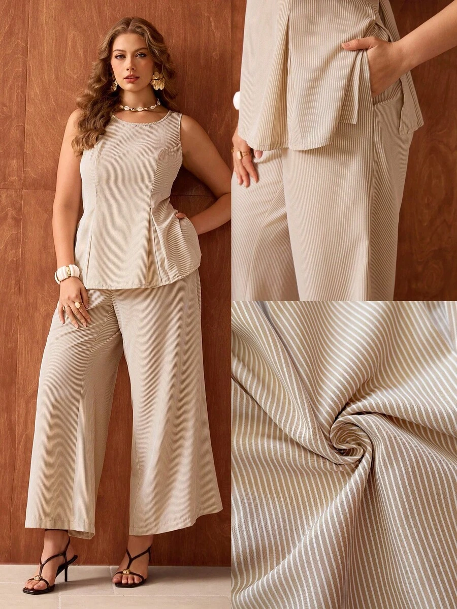 Roveilla Plus Size Women's Beige Summer Elegant Vacation Holiday Brown Striped 2 Pieces Set Waist Cinched Sleeveless Blouse And Wide Leg Pants Outfit Suits - Brown - View 1
