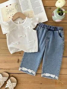 Vintaside Kids 女童两件套，白色圆领短袖上衣搭配蝴蝶装饰牛仔裤，甜美风格，日常百搭，适合户外、居家和休闲聚会。 - 白色 - 查看 1