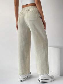 SHEIN EZwear Elastic Waist Pocket Patched Wide Leg Pants - Beige - View 2