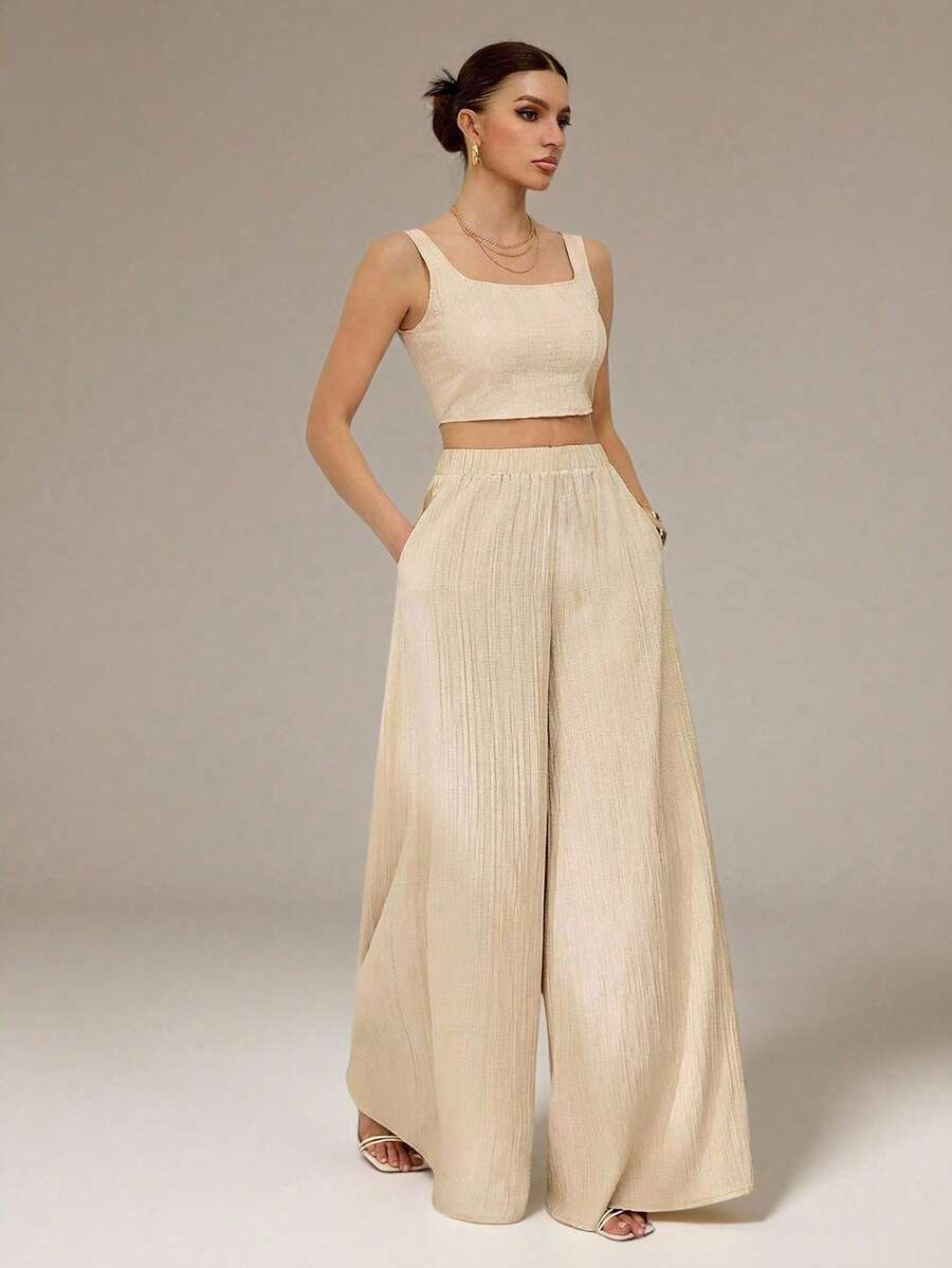 SHEIN Tall Casual Khaki Two Piece Outfit For Women With Scoop Neck Camisole Top And Long Plain Woven Pants Set Tall Two Piece Set Two Piece Set Linen Two Piece Set Beige Two Piece Set - Khaki - View 1