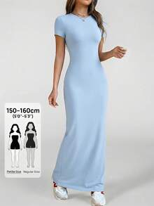 SHEIN PETITE Women Round Neck Slim Fit Short Sleeve Dress For Daily Wear In Spring And Summer - Blue - View 1