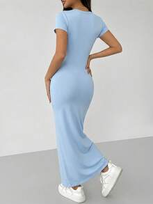 SHEIN PETITE Women Round Neck Slim Fit Short Sleeve Dress For Daily Wear In Spring And Summer - Blue - View 2