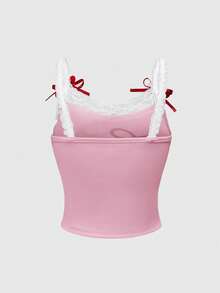 ROMWE Kawaii 2pcs/Set Casual Cherry Print Lace Trim Camisole Top And Ruched Super Shorts For Plus Size Women - Pink - View 5