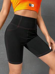 SHEIN PETITE CURVE Plus Size Letter Patched Top-Stitching Biker Shorts - Black - View 3