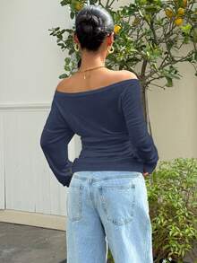 Muchica Navy Blue Off-Shoulder Fitted Knit T-Shirt - Navy Blue - View 2